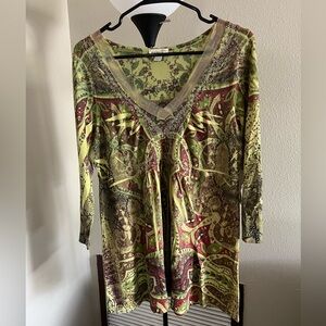 ONE WORLD Lime Green & Burgundy Embellished V-Neck Tunic